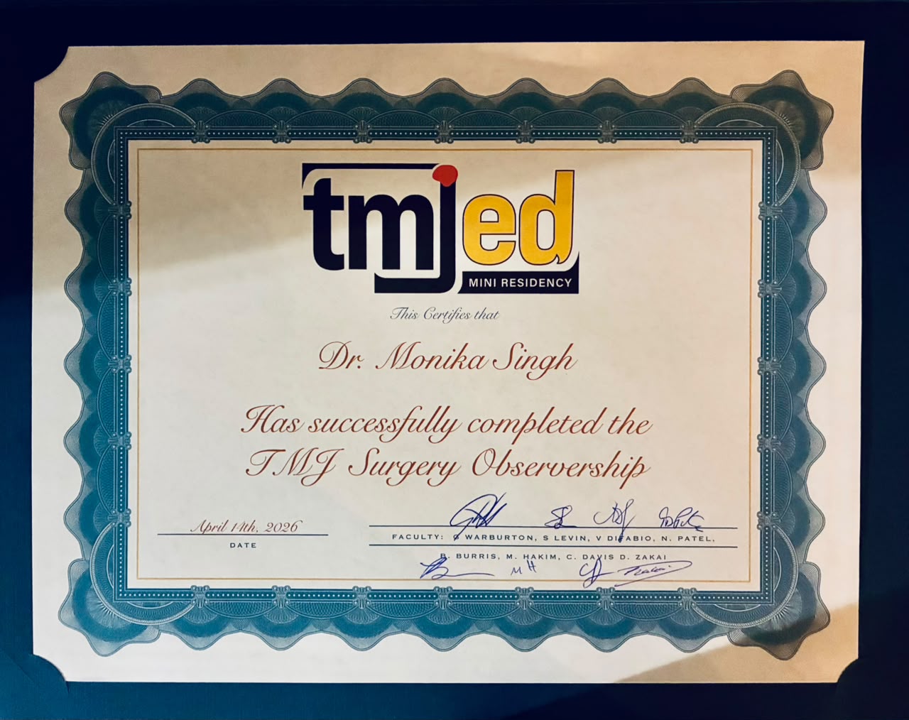 TMJ Surgery Observership · Certificate